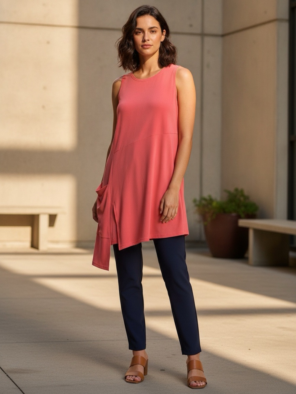 Sympli Orange tunic featuring a distinctive asymmetric hem and a side pocket 12